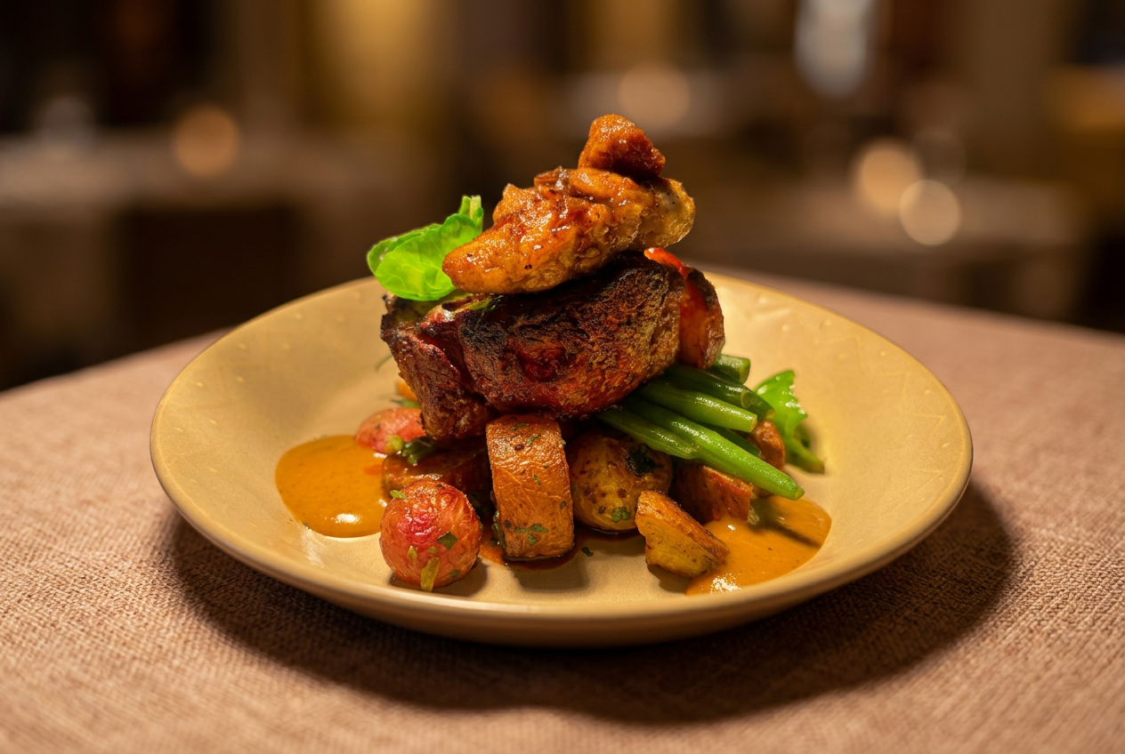 Seared, spiced steak with roasted potatoes, green beans and a smoky pepper sauce