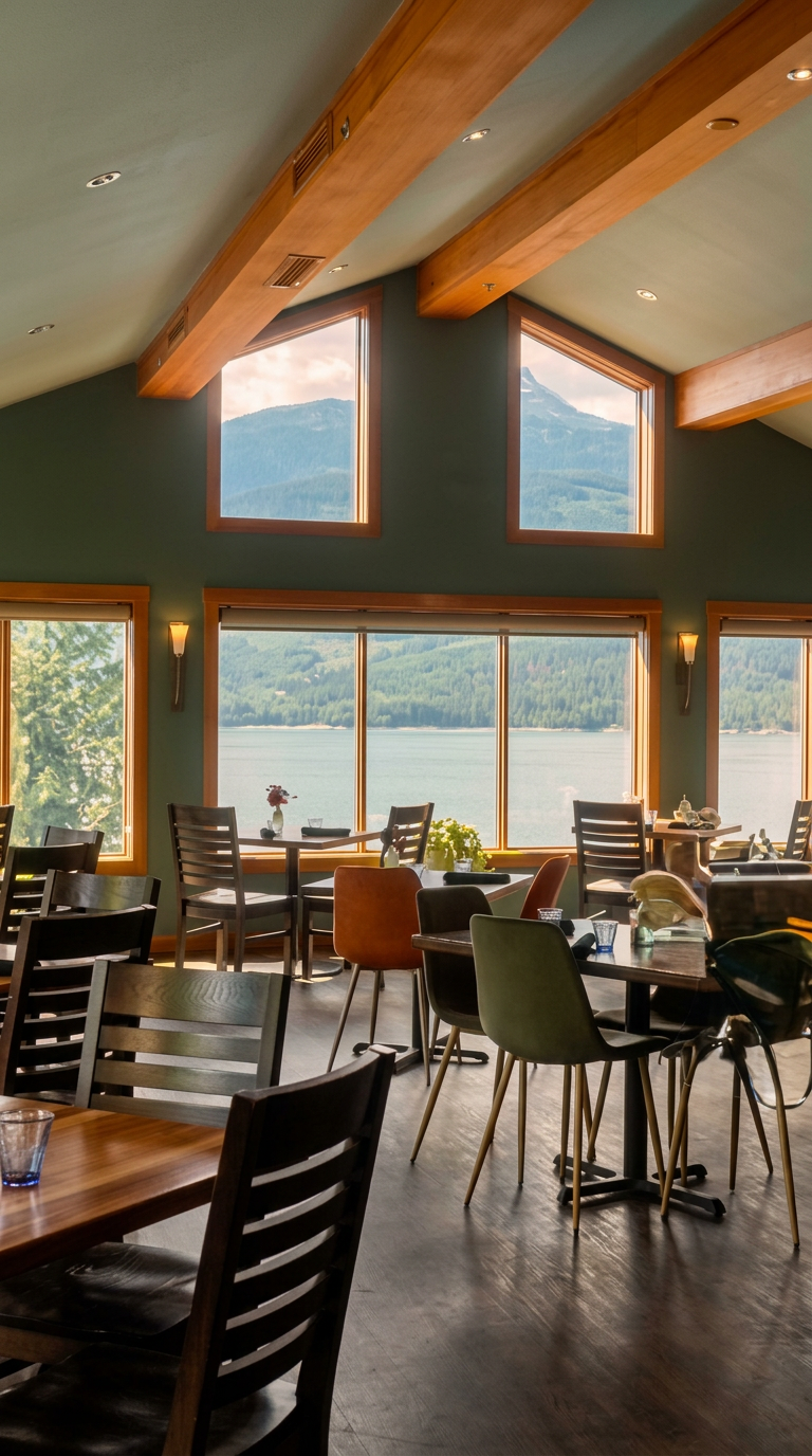 Chanterelle dining room with floor-to-ceiling windows overlooking Upper Arrow Lake at Halcyon Hot Springs