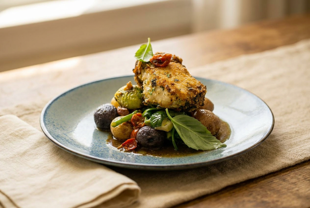 Cedar Shack Farms herb-crusted chicken with new potatoes and seasonal greens