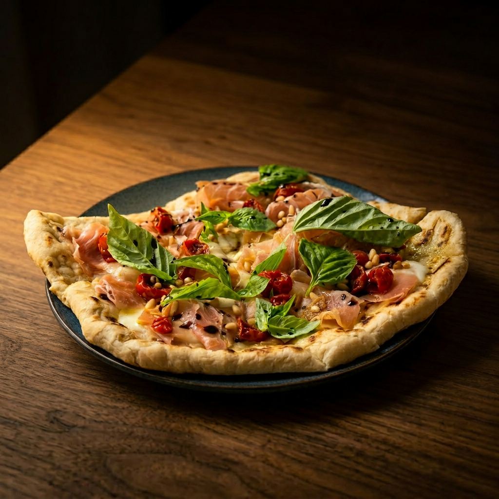 Prosciutto flatbread with basil, cherry tomatoes and balsamic glaze