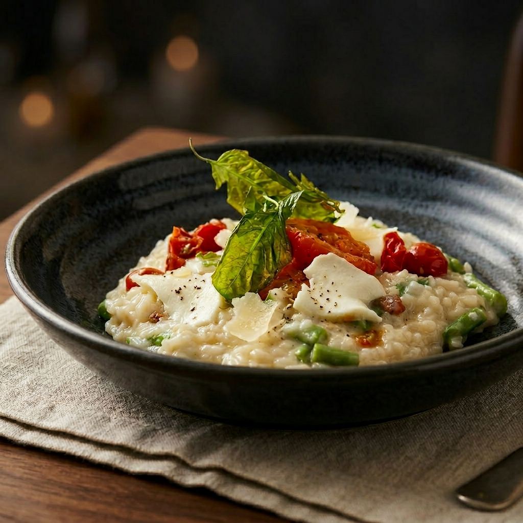 Creamy risotto with asparagus, mozzarella and blistered cherry tomatoes
