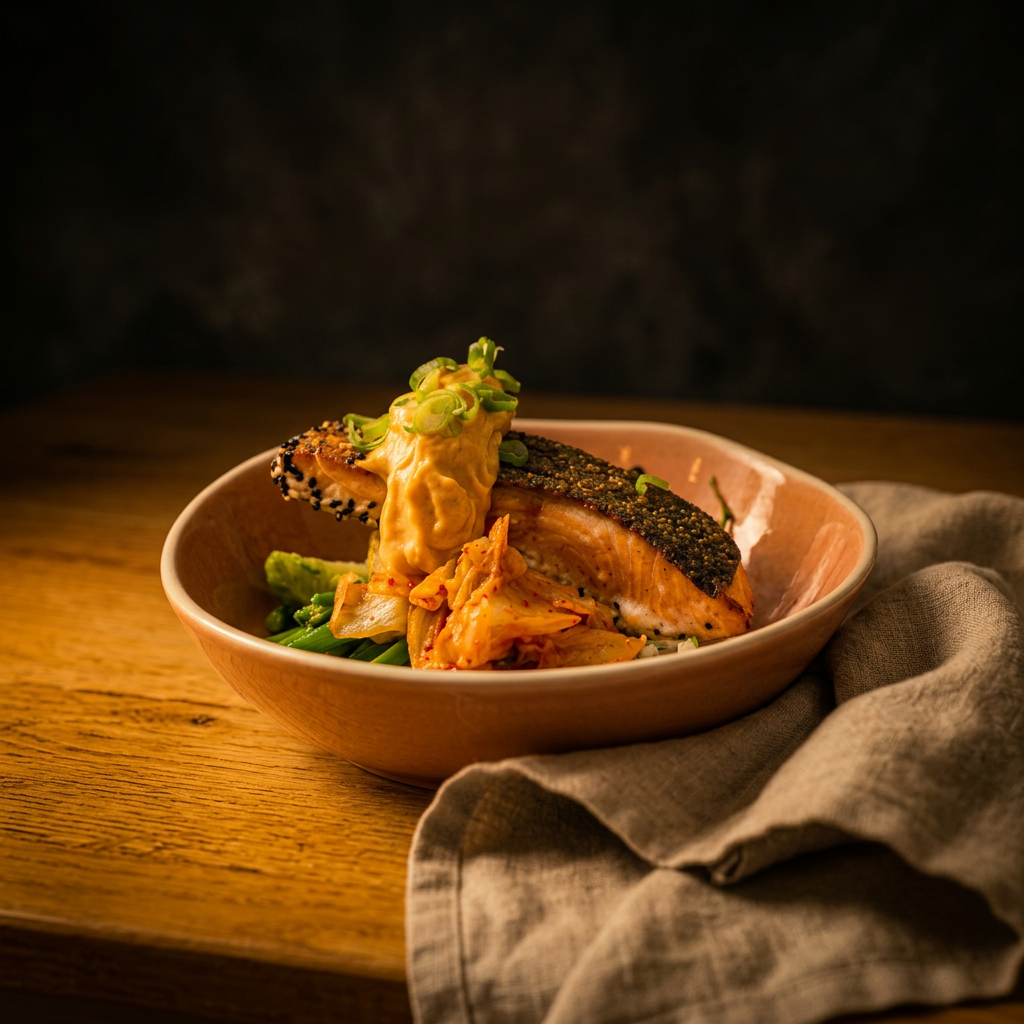 Sesame-crusted salmon over rice with kimchi and broccolini