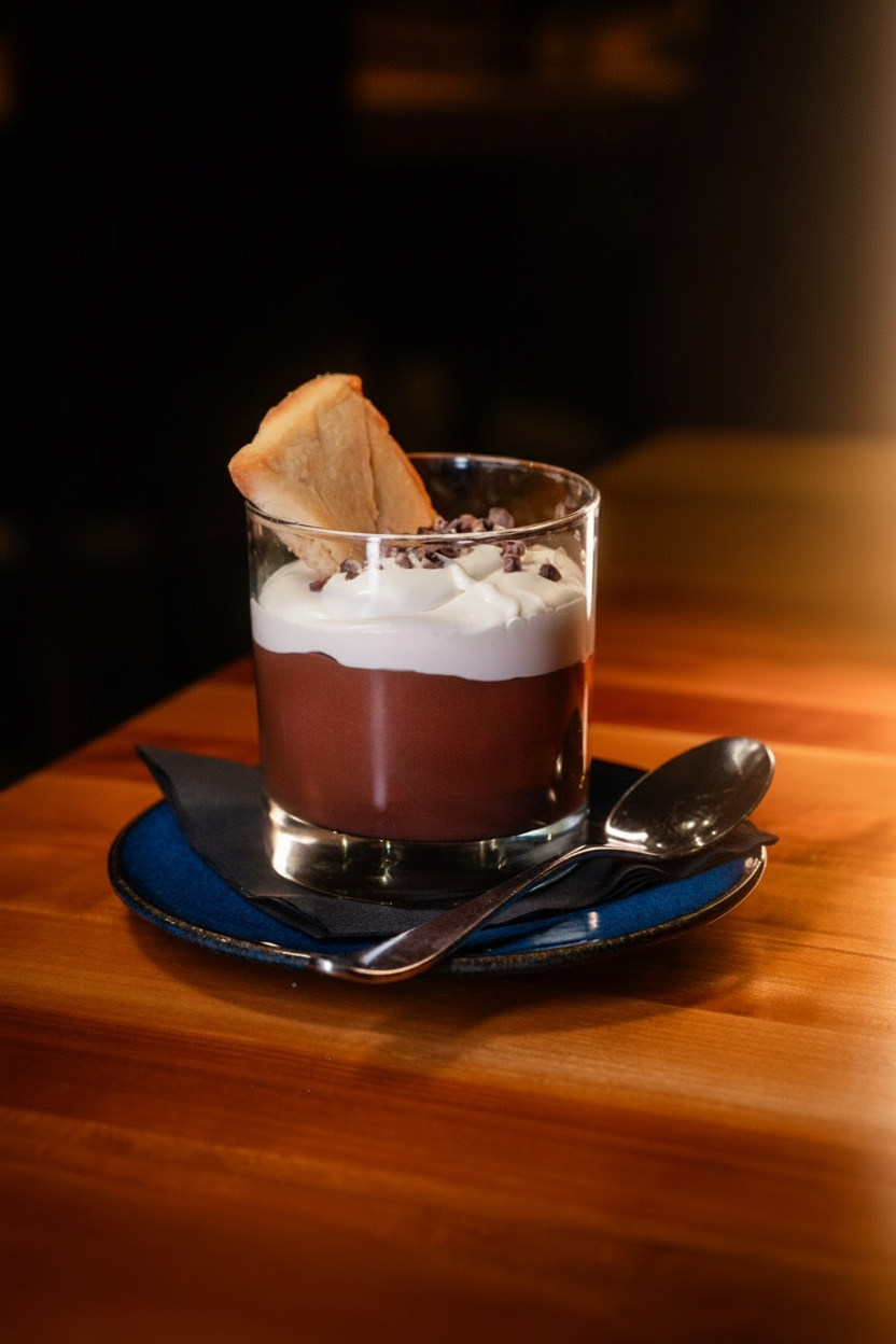 Chocolate dessert with whipped cream and crisp tuile in a dark ramekin