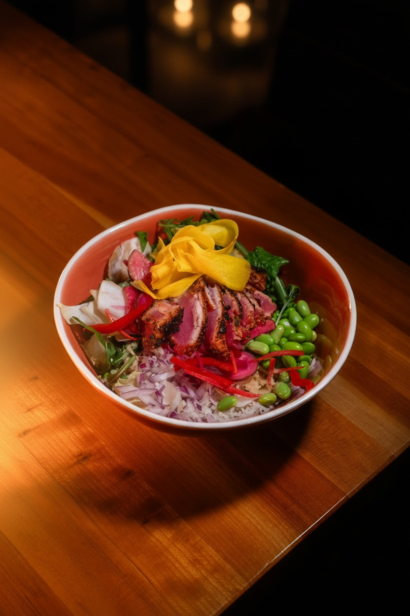 Seared tuna bowl with rice, edamame, pickled onion and greens