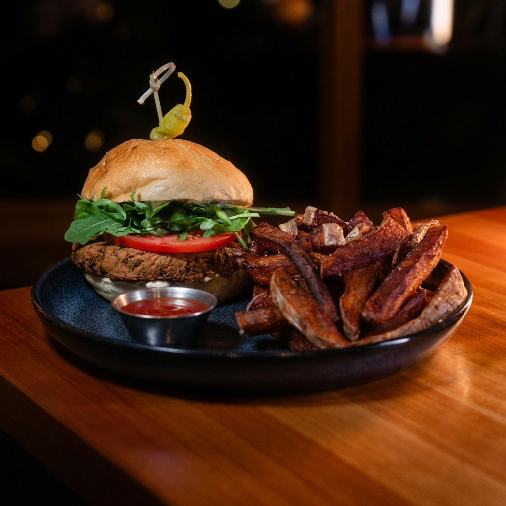 House burger with arugula and tomato, served with hand-cut fries