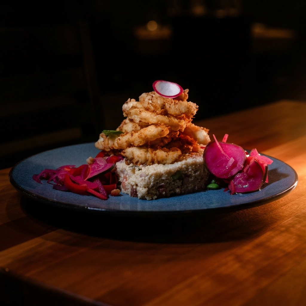 Crispy calamari stacked over rice with pickled radish and vegetables