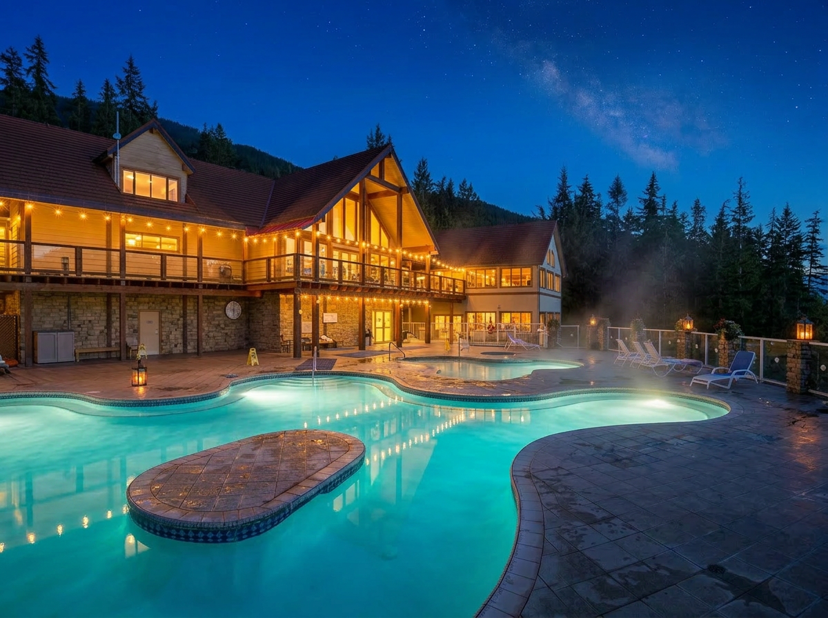 Halcyon Hot Springs mineral pools with the lodge and forested mountains beyond at golden hour