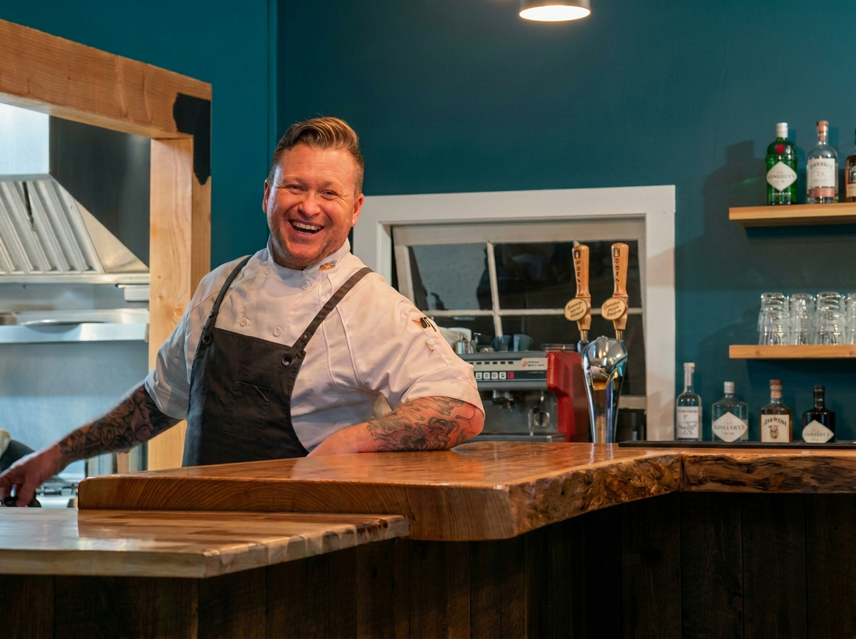 Chanterelle chef and host sharing a laugh behind the live-edge bar